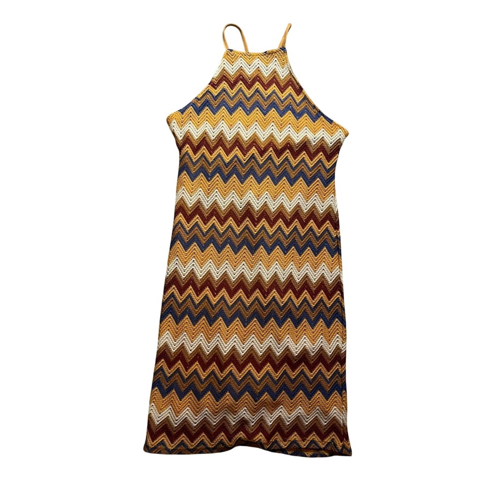 Almost Famous Halter Mini Dress Small Clay Multi Chevron Zigzag Crochet Knit NWT